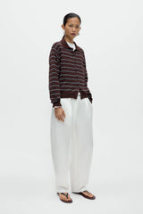 Organic Cotton Striped Polo Cardigan Brown