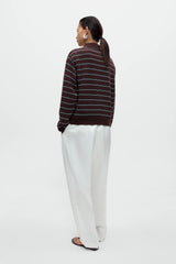Organic Cotton Striped Polo Cardigan Brown