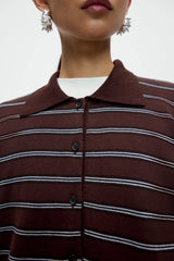 Organic Cotton Striped Polo Cardigan Brown