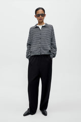 Organic Cotton Striped Polo Cardigan Grey