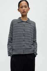 Organic Cotton Striped Polo Cardigan Grey