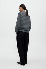 Organic Cotton Striped Polo Cardigan Grey
