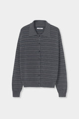 Organic Cotton Striped Polo Cardigan Grey